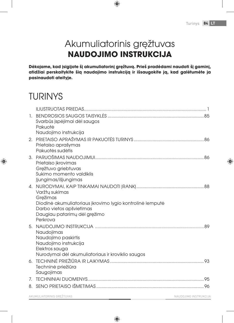 Akumuliatorinis gręžtuvas, Turinys, Naudojimo instrukcija | Fieldmann FDV 1001-A User Manual | Page 85 / 100