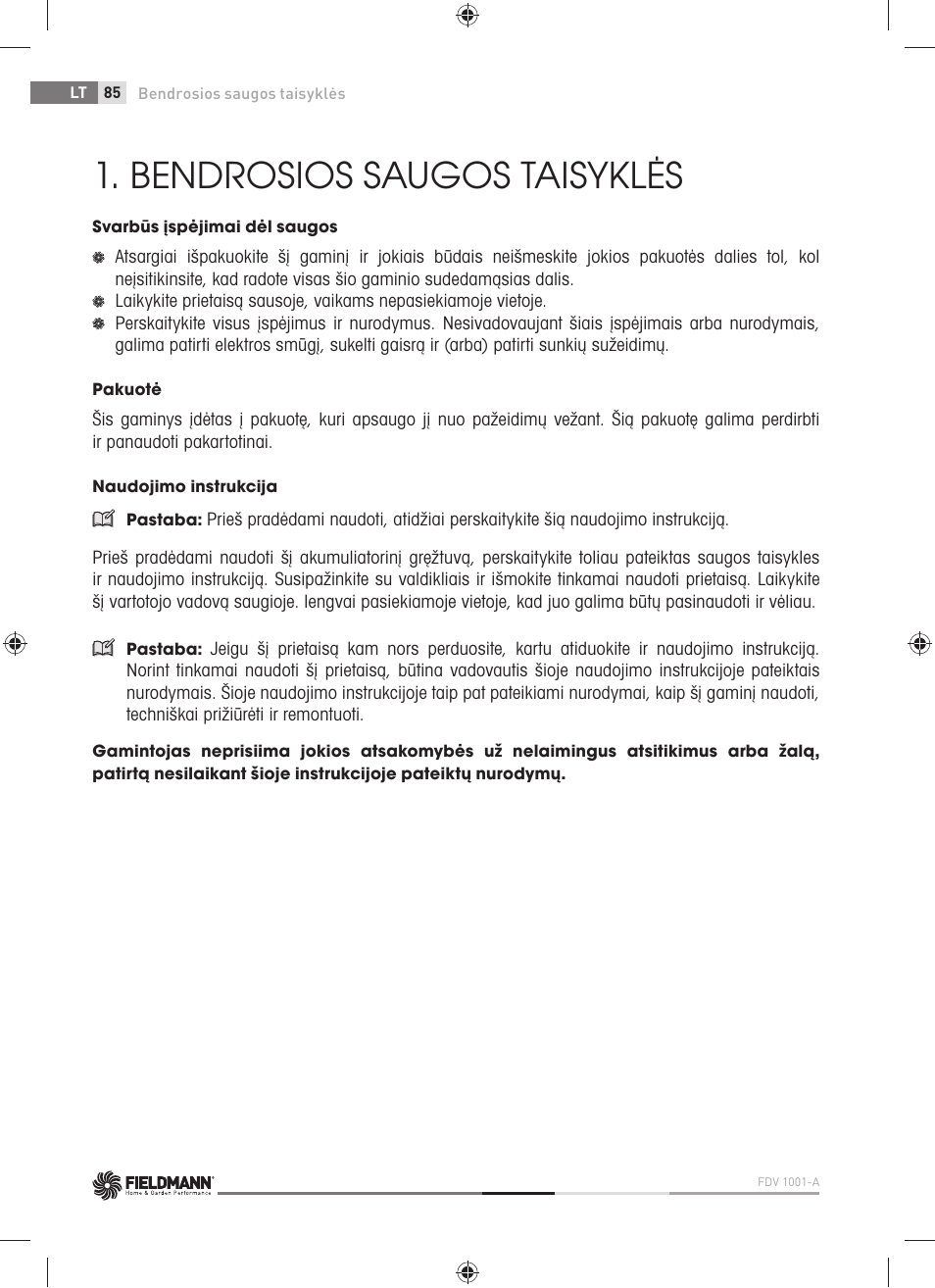 Bendrosios saugos taisyklės | Fieldmann FDV 1001-A User Manual | Page 86 / 100