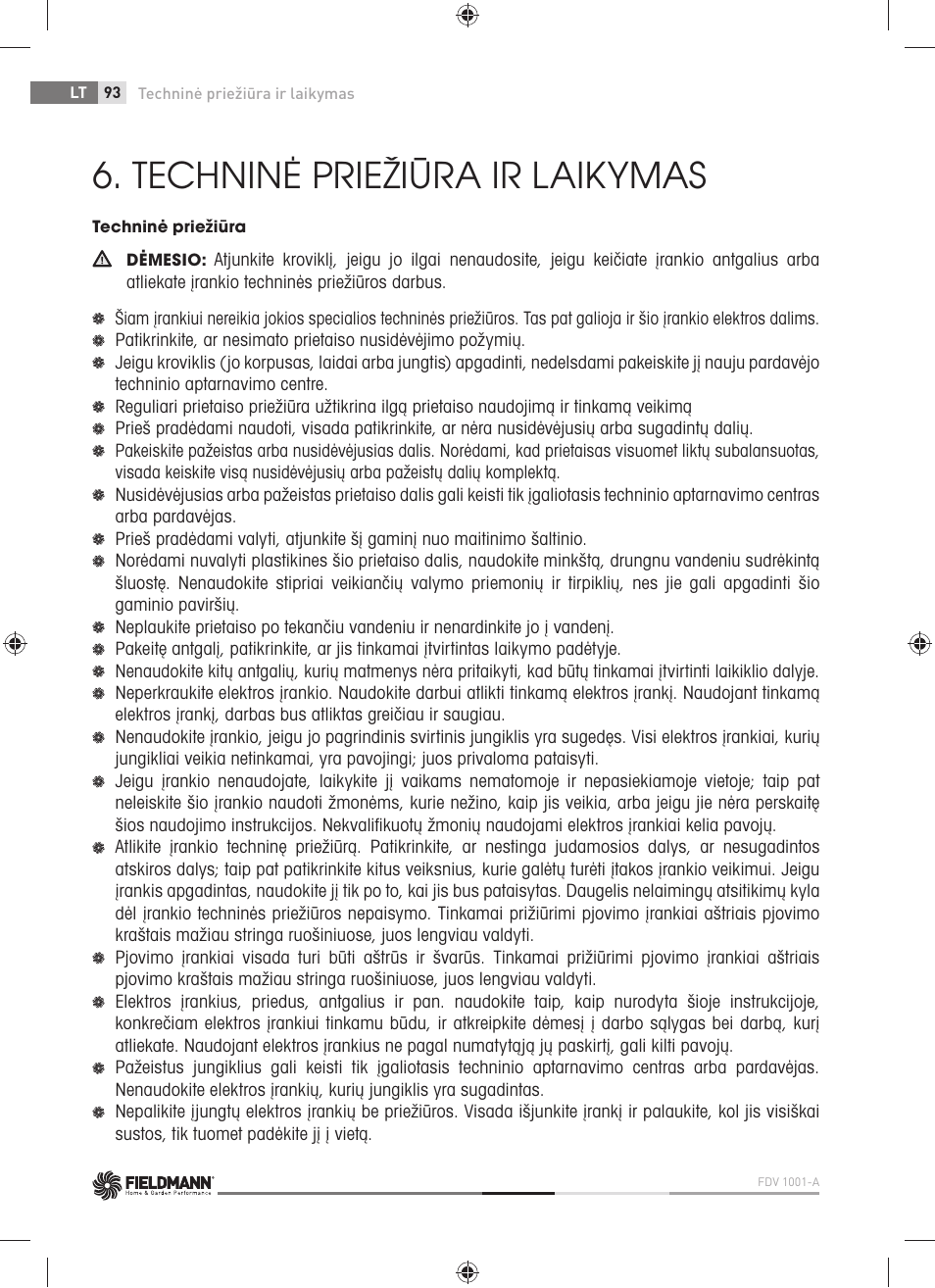 Techninė priežiūra ir laikymas | Fieldmann FDV 1001-A User Manual | Page 94 / 100