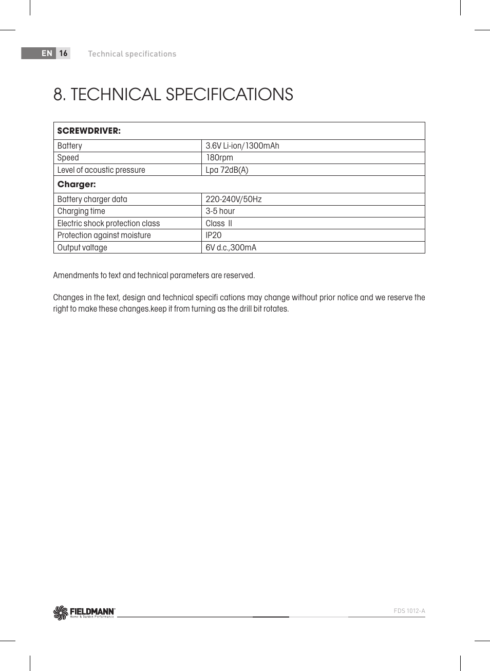 Technical specifications | Fieldmann FDS 1012-A User Manual | Page 16 / 102