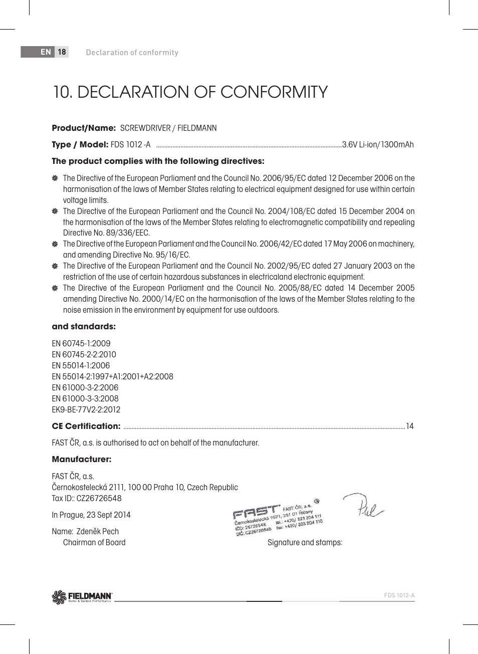 Declaration of conformity | Fieldmann FDS 1012-A User Manual | Page 18 / 102