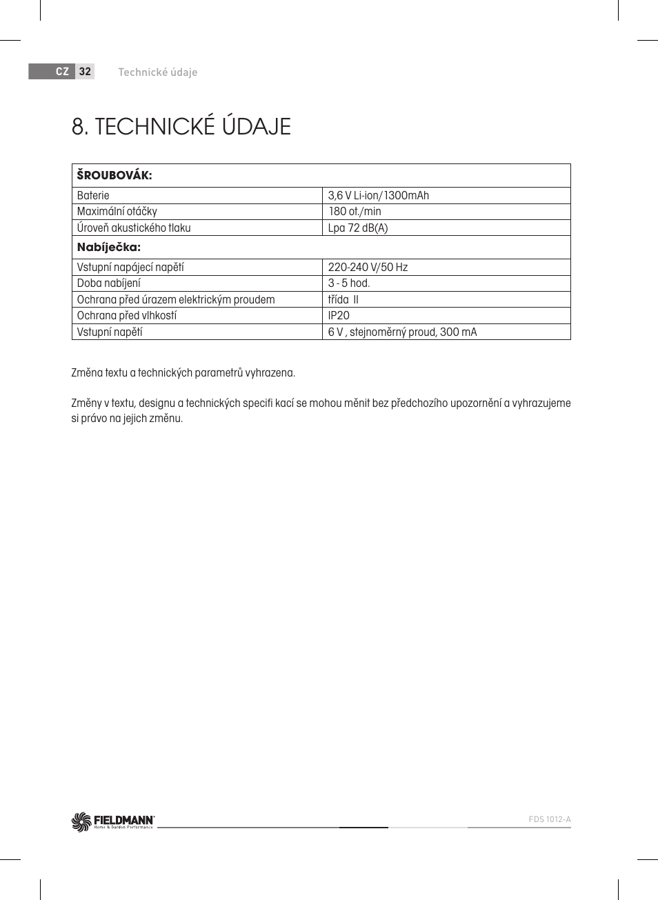 Technické údaje | Fieldmann FDS 1012-A User Manual | Page 32 / 102