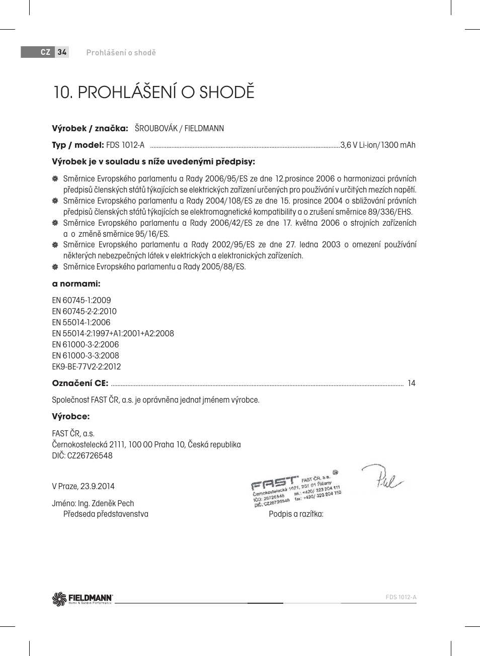 Prohlášení o shodě | Fieldmann FDS 1012-A User Manual | Page 34 / 102