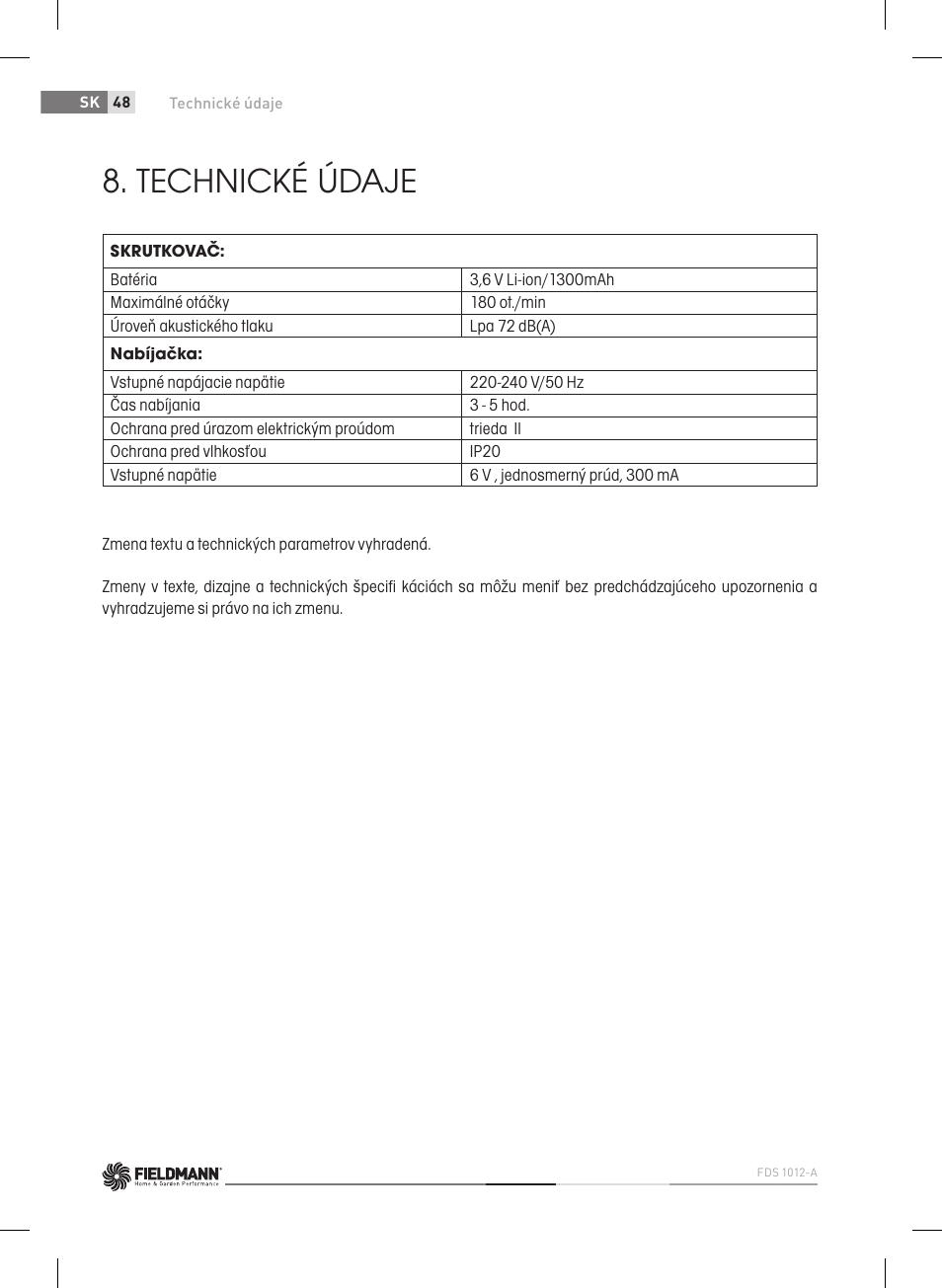 Technické údaje | Fieldmann FDS 1012-A User Manual | Page 48 / 102