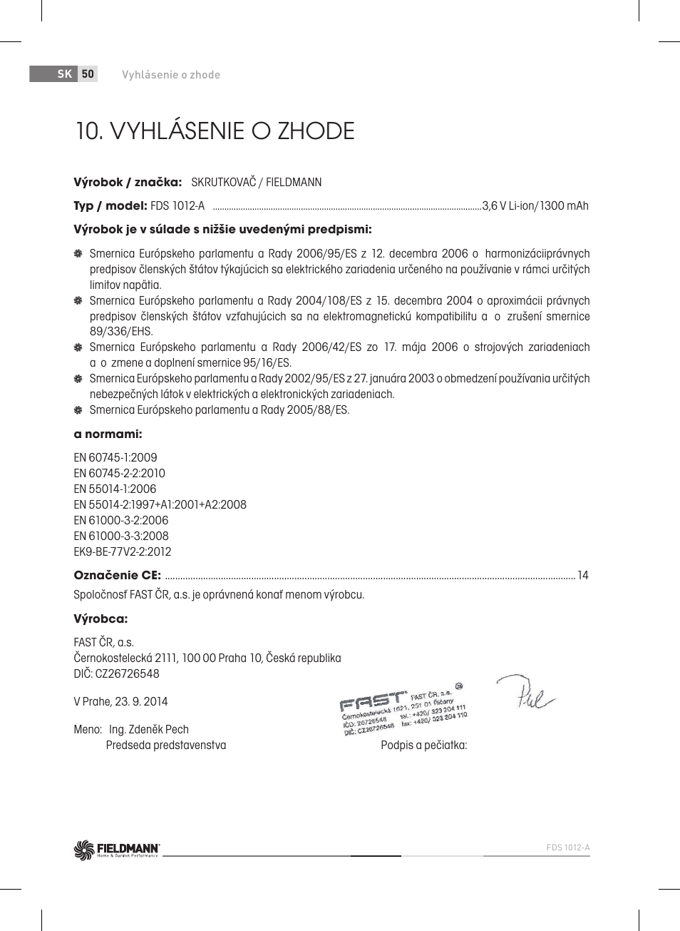 Vyhlásenie o zhode | Fieldmann FDS 1012-A User Manual | Page 50 / 102