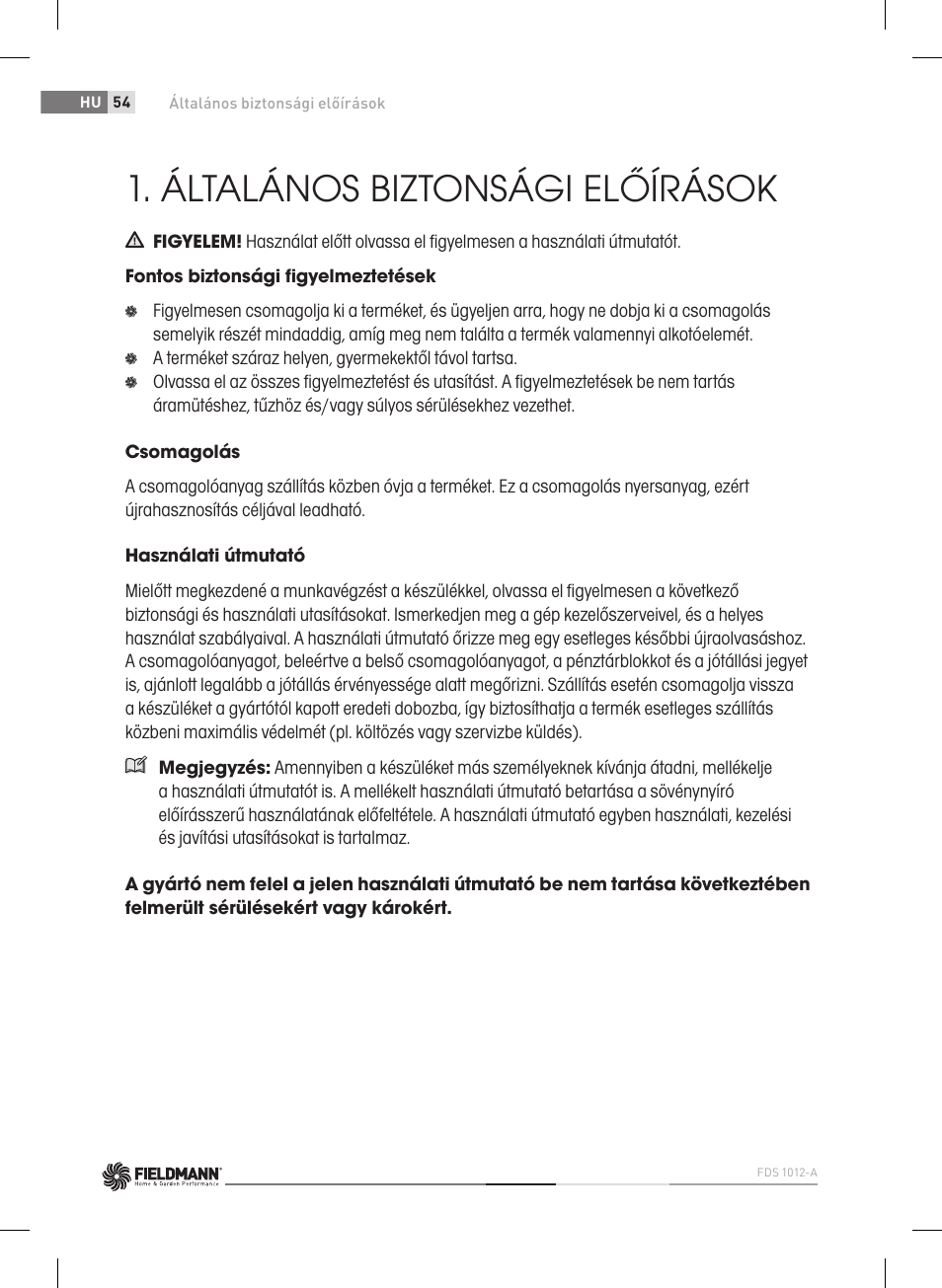 Általános biztonsági előírások | Fieldmann FDS 1012-A User Manual | Page 54 / 102