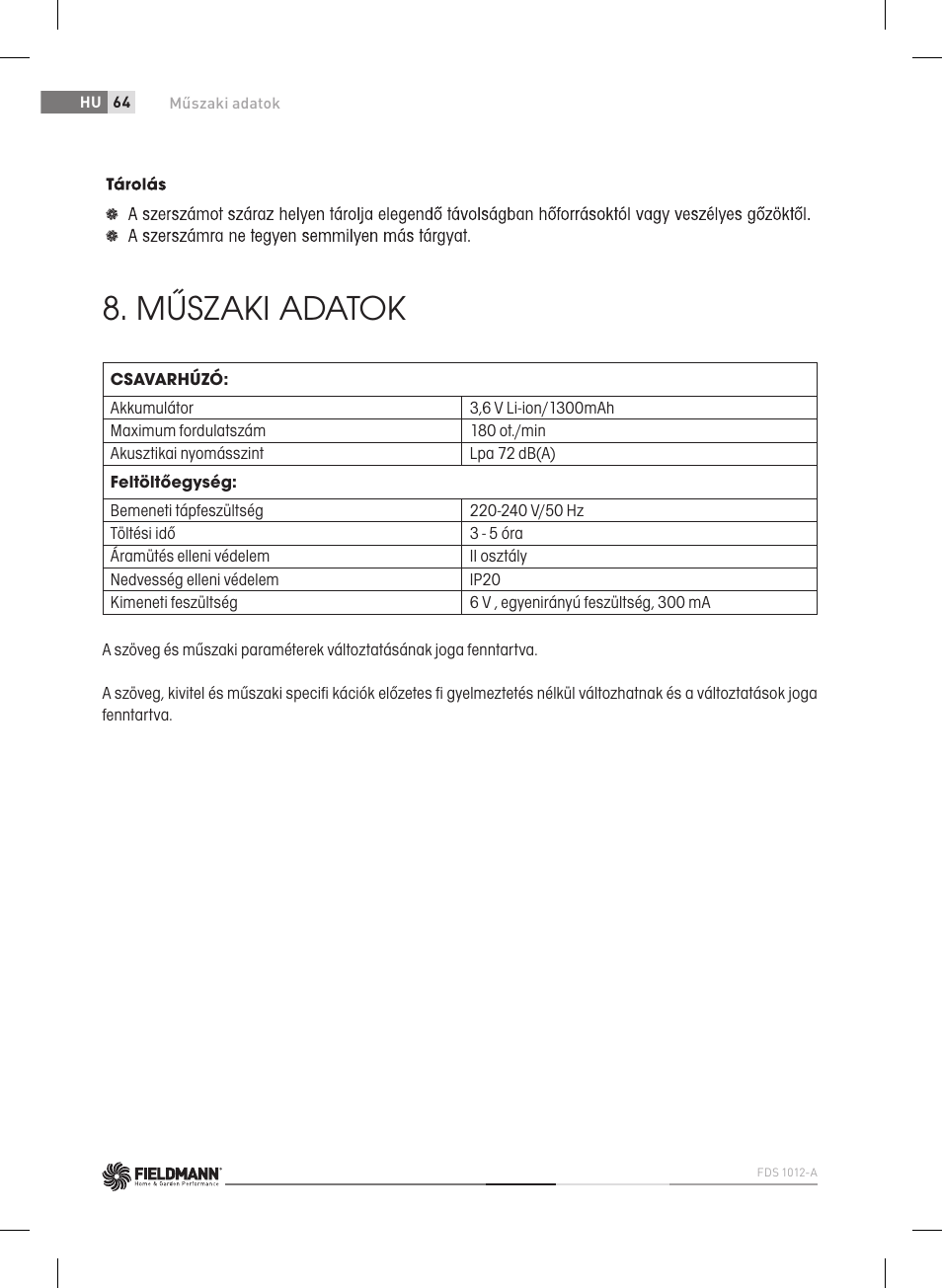 Műszaki adatok | Fieldmann FDS 1012-A User Manual | Page 64 / 102