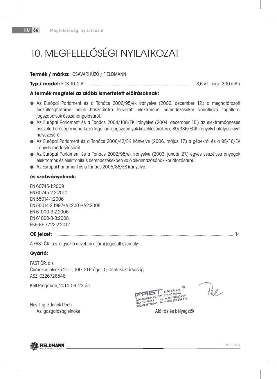 Megfelelőségi nyilatkozat | Fieldmann FDS 1012-A User Manual | Page 66 / 102