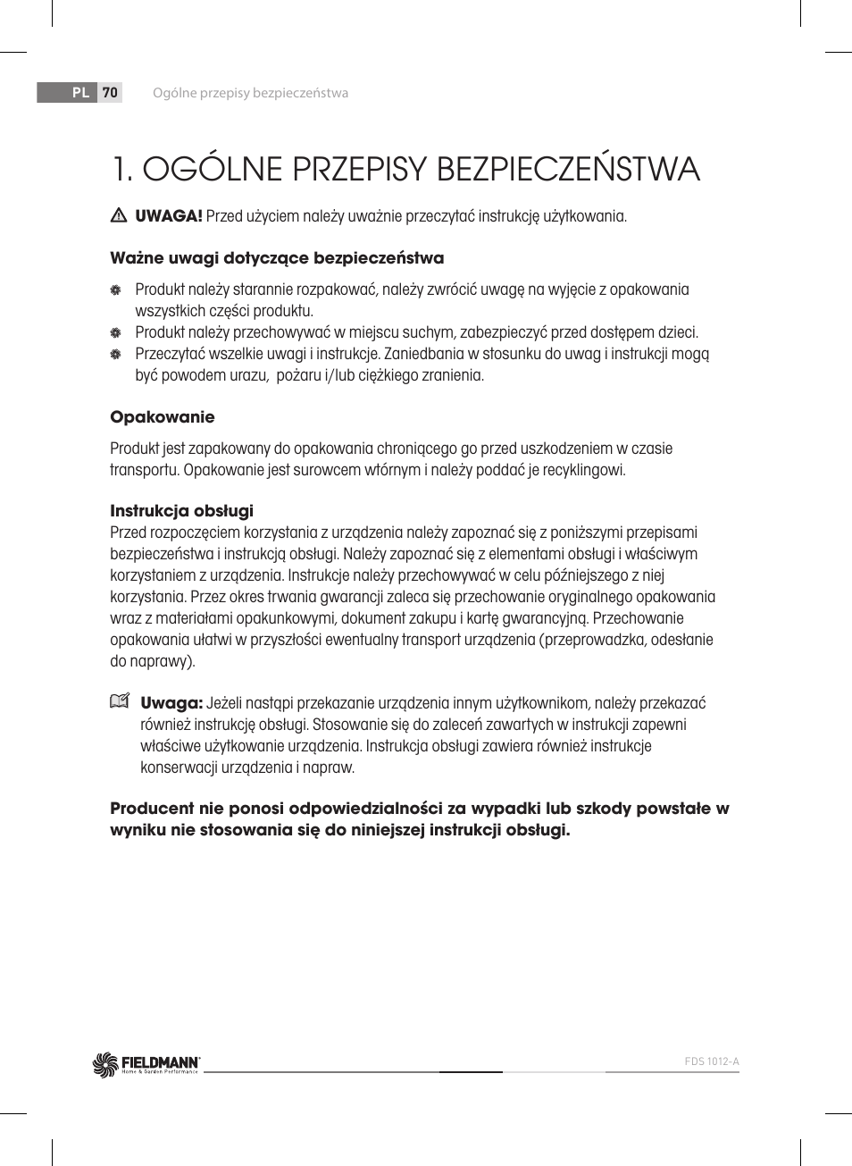 Ogólne przepisy bezpieczeństwa | Fieldmann FDS 1012-A User Manual | Page 70 / 102