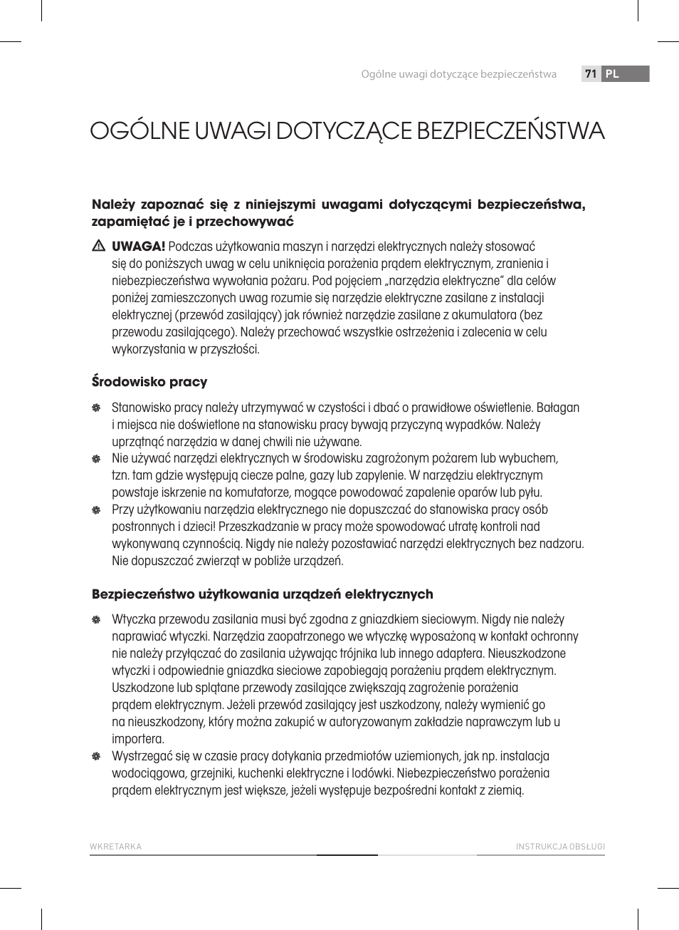 Ogólne uwagi dotyczące bezpieczeństwa | Fieldmann FDS 1012-A User Manual | Page 71 / 102