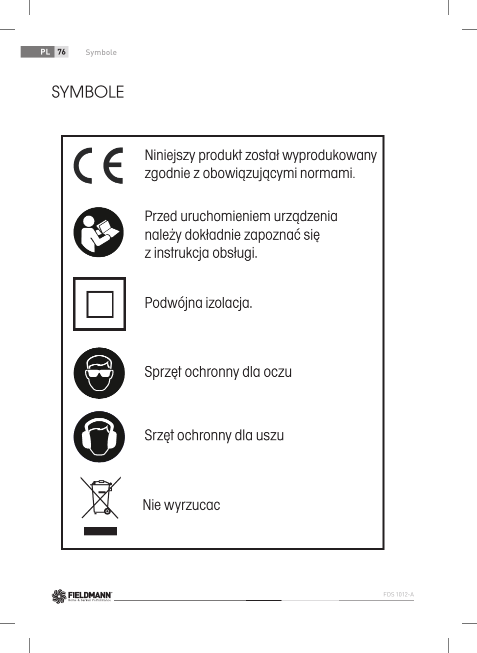 Symbole, Nie wyrzucac | Fieldmann FDS 1012-A User Manual | Page 76 / 102