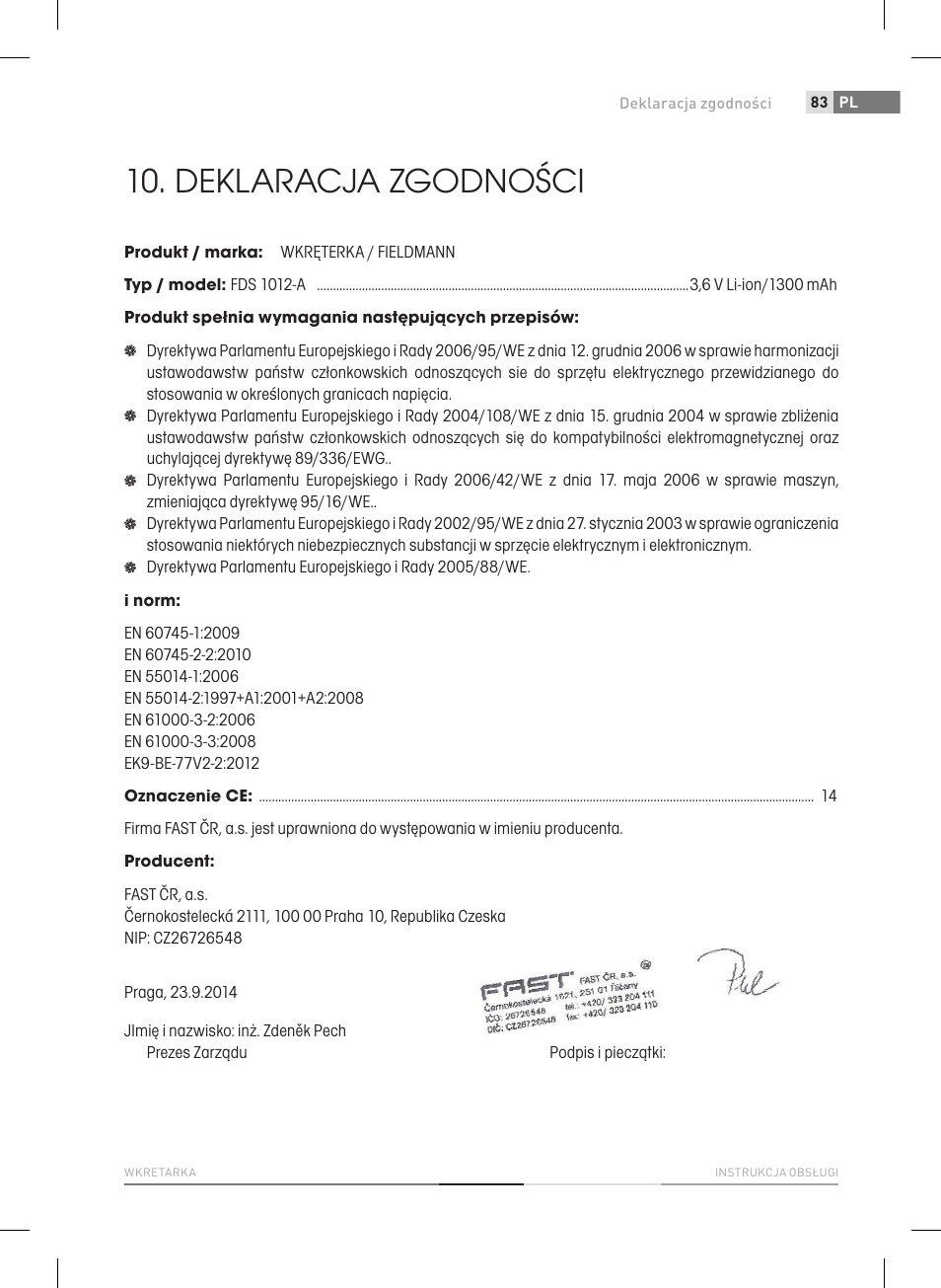 Deklaracja zgodności | Fieldmann FDS 1012-A User Manual | Page 83 / 102