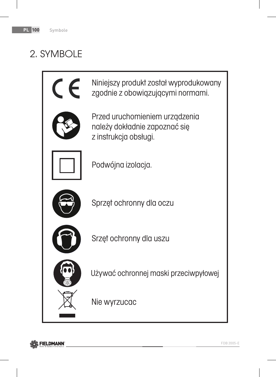 Symbole, Używać ochronnej maski przeciwpyłowej | Fieldmann FDB 2005-E User Manual | Page 100 / 138