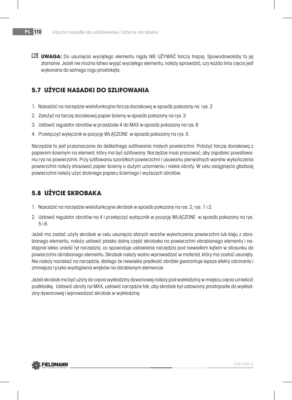 7 użycie nasadki do szlifowania, 8 użycie skrobaka | Fieldmann FDB 2005-E User Manual | Page 110 / 138