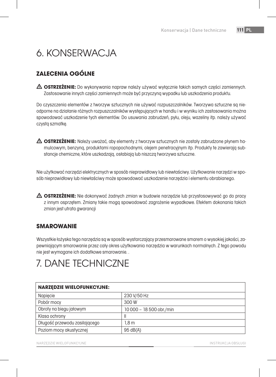 Konserwacja, Dane techniczne | Fieldmann FDB 2005-E User Manual | Page 111 / 138