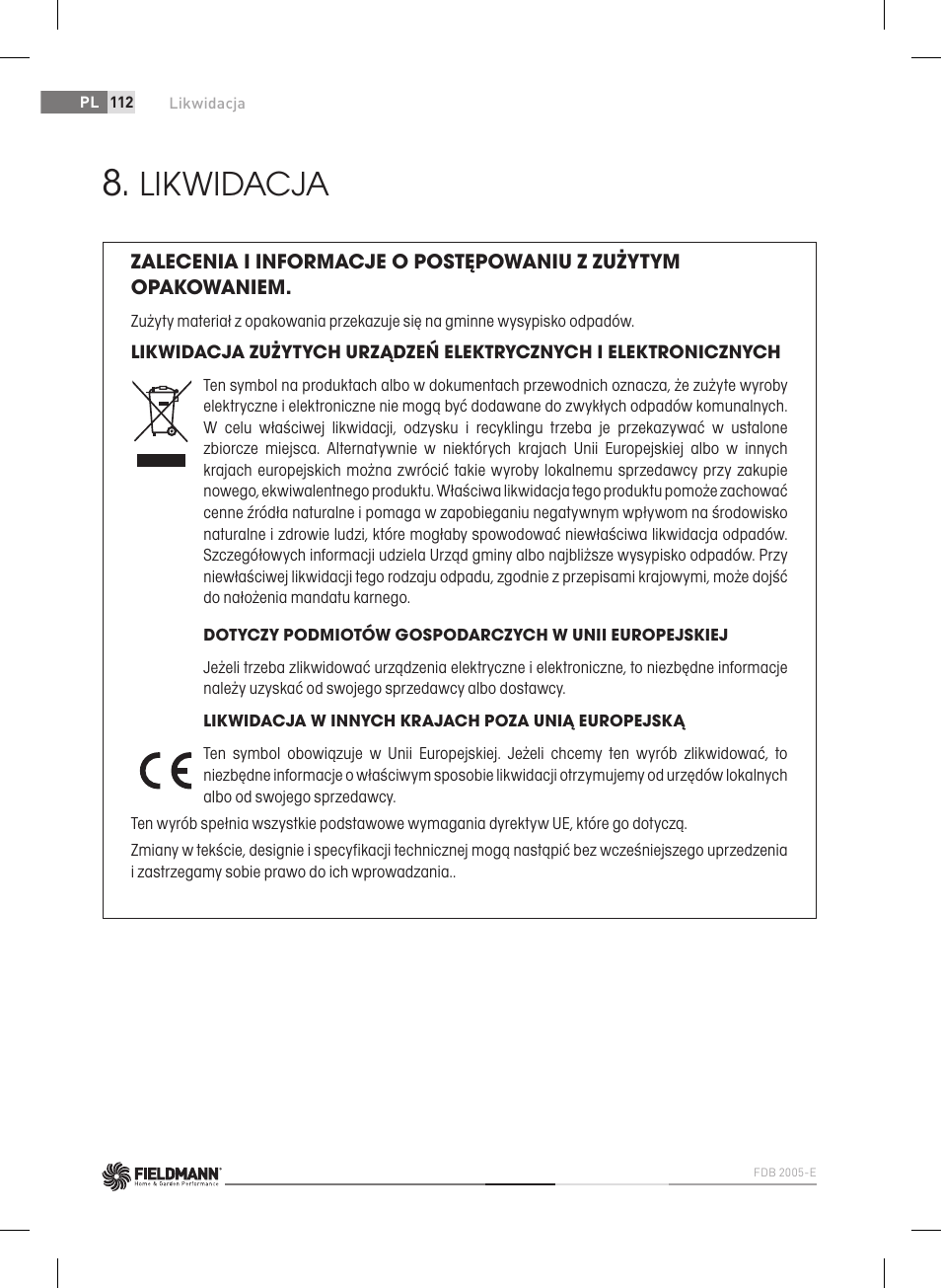 Likwidacja | Fieldmann FDB 2005-E User Manual | Page 112 / 138