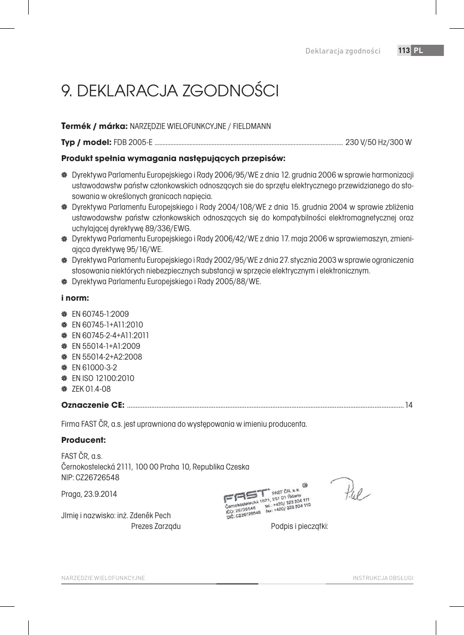 Deklaracja zgodności | Fieldmann FDB 2005-E User Manual | Page 113 / 138