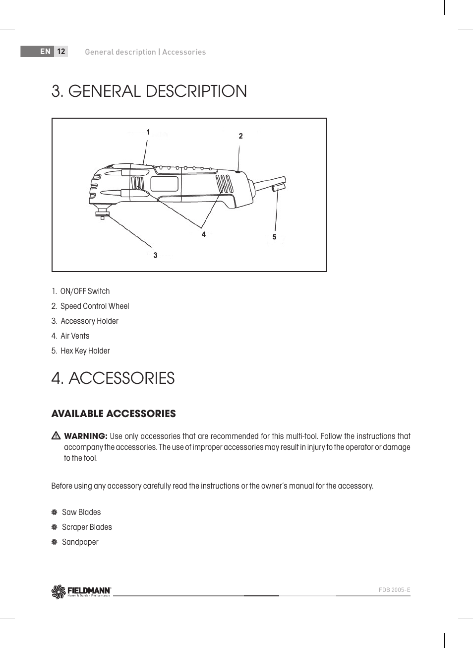 General description, Accessories | Fieldmann FDB 2005-E User Manual | Page 12 / 138