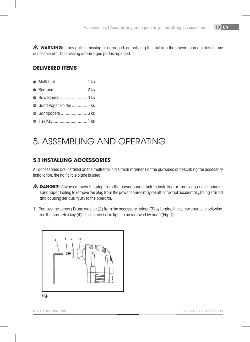Assembling and operating, Delivered items, 1 installing accessories | Fieldmann FDB 2005-E User Manual | Page 13 / 138