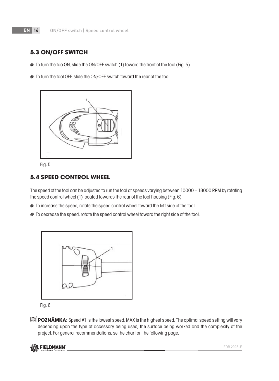 3 on/off switch, 4 speed control wheel | Fieldmann FDB 2005-E User Manual | Page 16 / 138