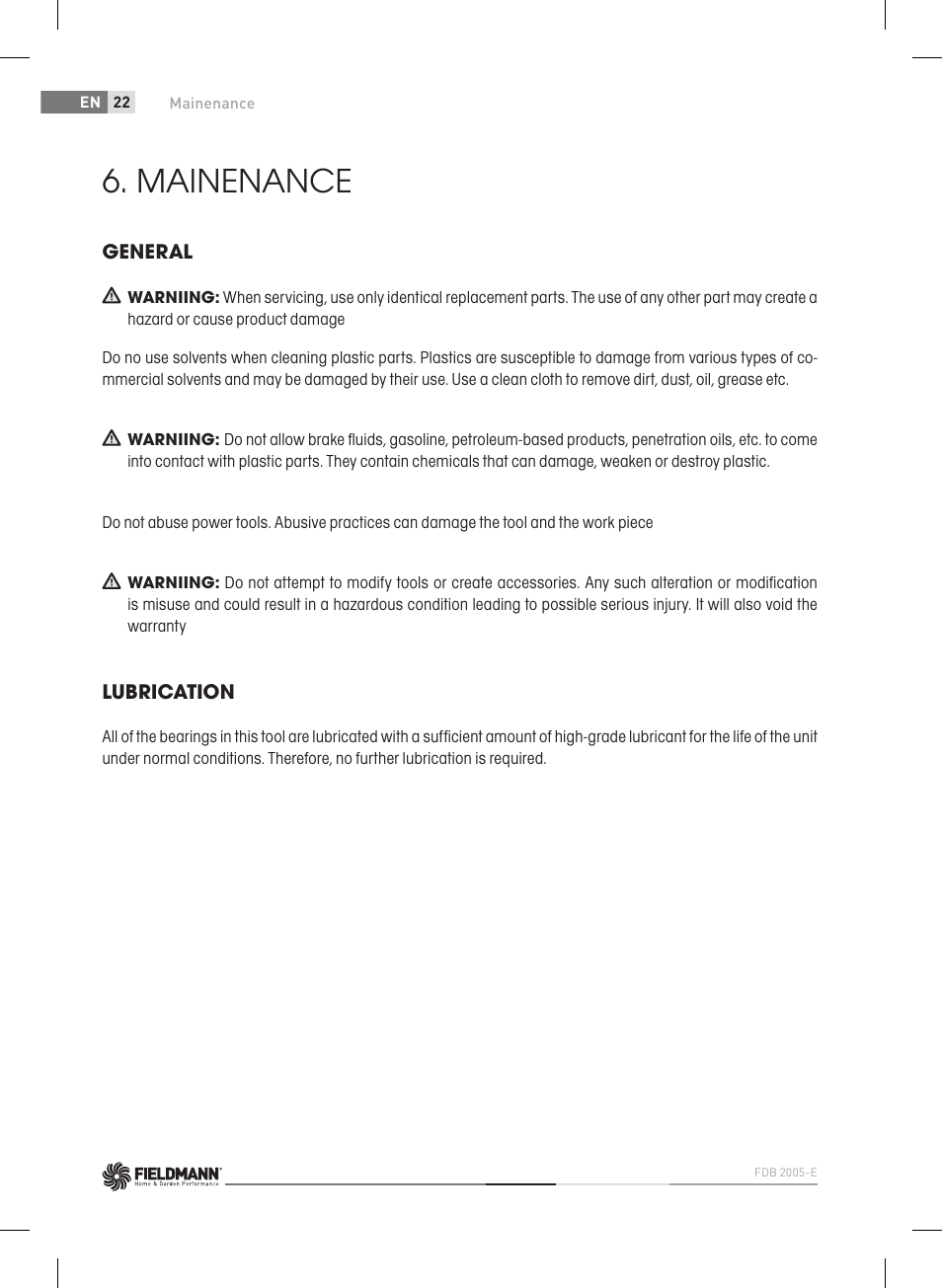 Mainenance | Fieldmann FDB 2005-E User Manual | Page 22 / 138