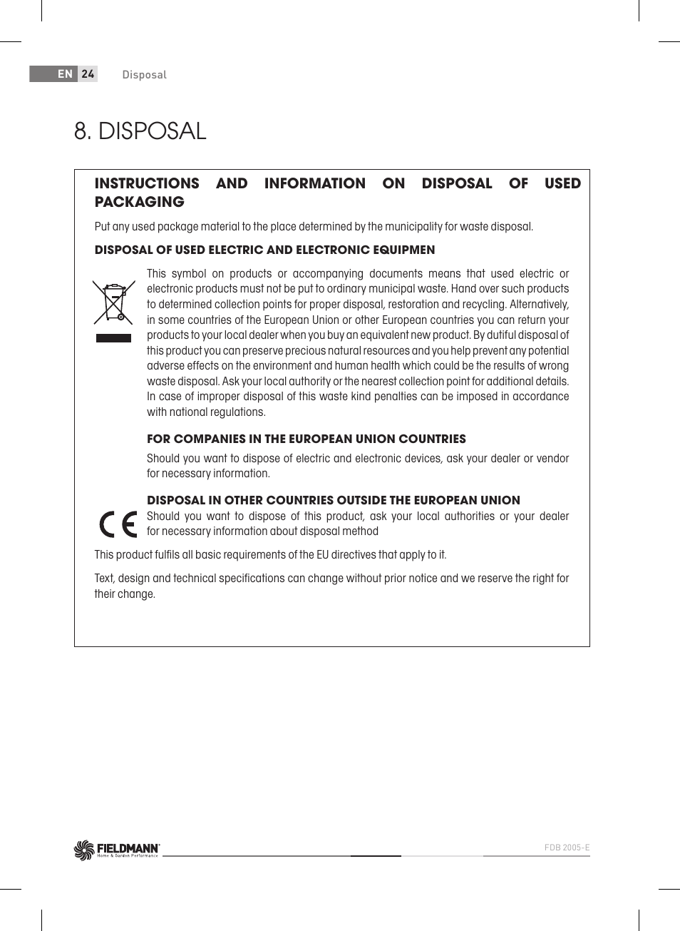Disposal | Fieldmann FDB 2005-E User Manual | Page 24 / 138