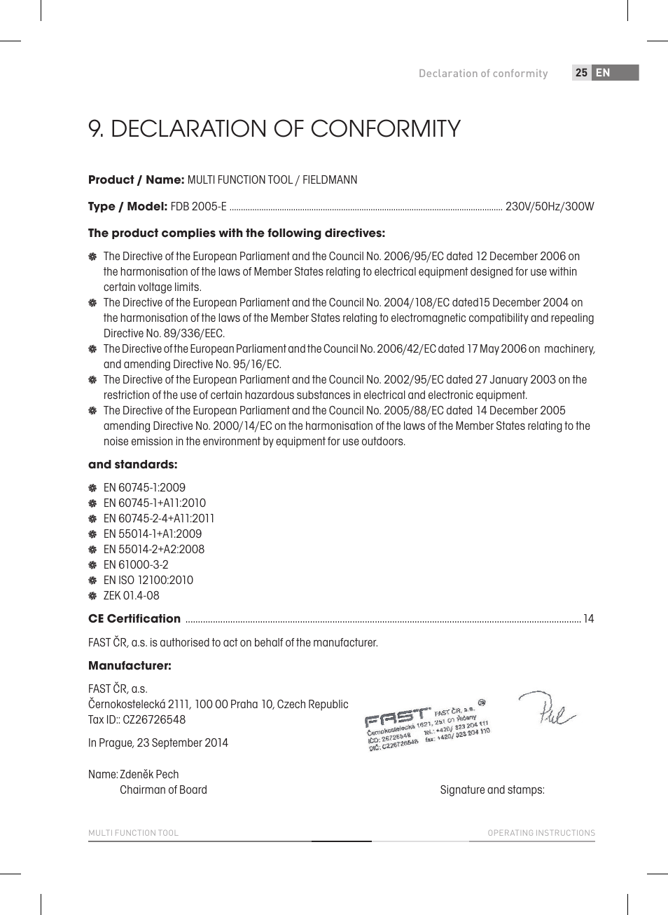 Declaration of conformity | Fieldmann FDB 2005-E User Manual | Page 25 / 138