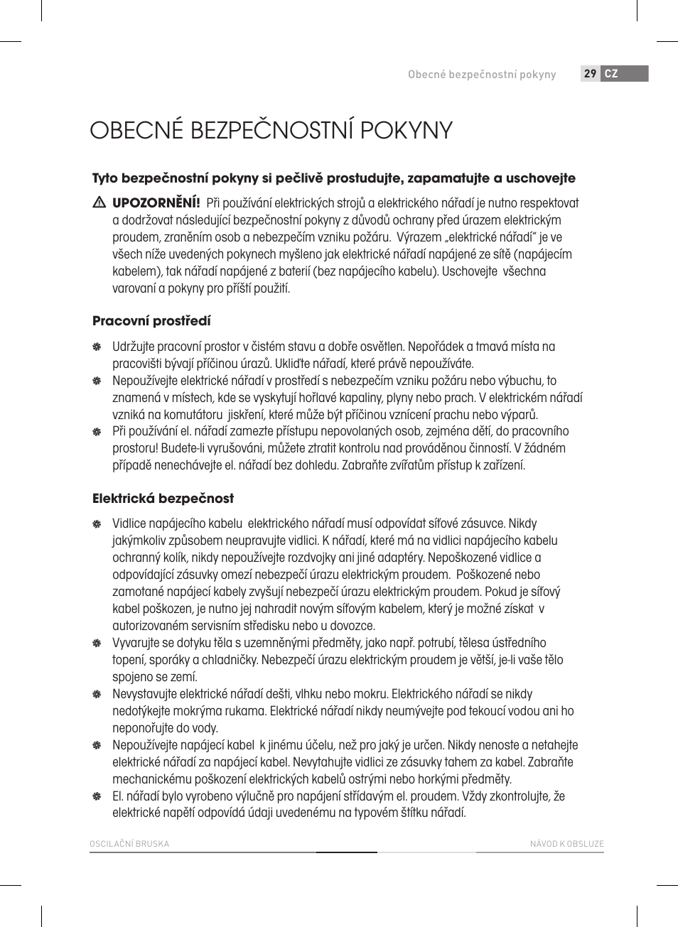 Obecné bezpečnostní pokyny | Fieldmann FDB 2005-E User Manual | Page 29 / 138