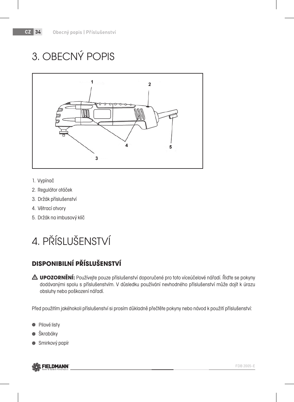 Obecný popis, Příslušenství | Fieldmann FDB 2005-E User Manual | Page 34 / 138
