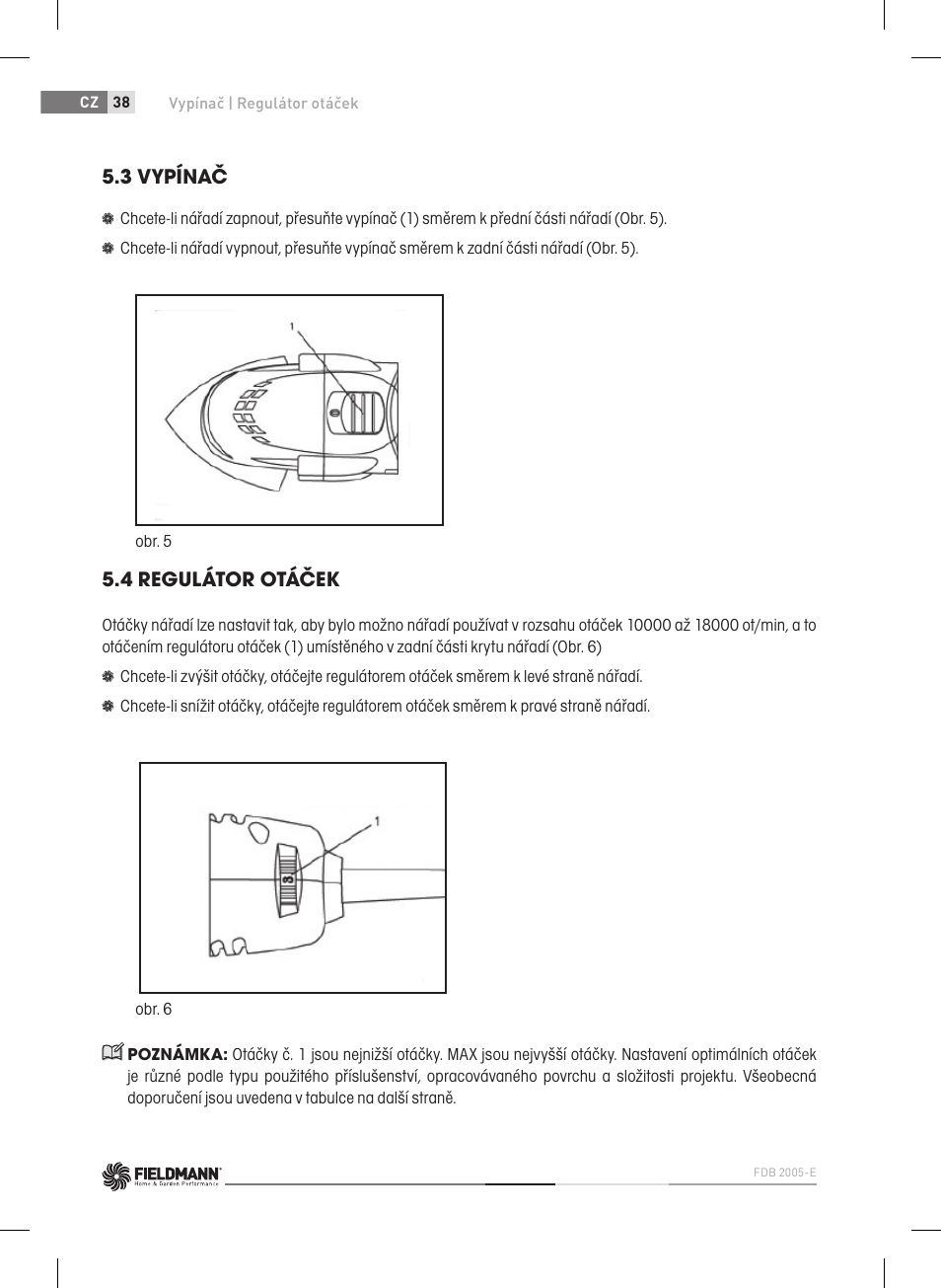 3 vypínač, 4 regulátor otáček | Fieldmann FDB 2005-E User Manual | Page 38 / 138