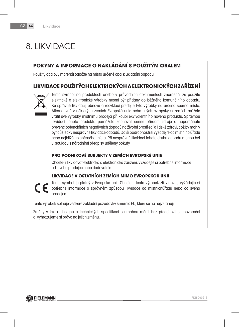 Likvidace | Fieldmann FDB 2005-E User Manual | Page 46 / 138