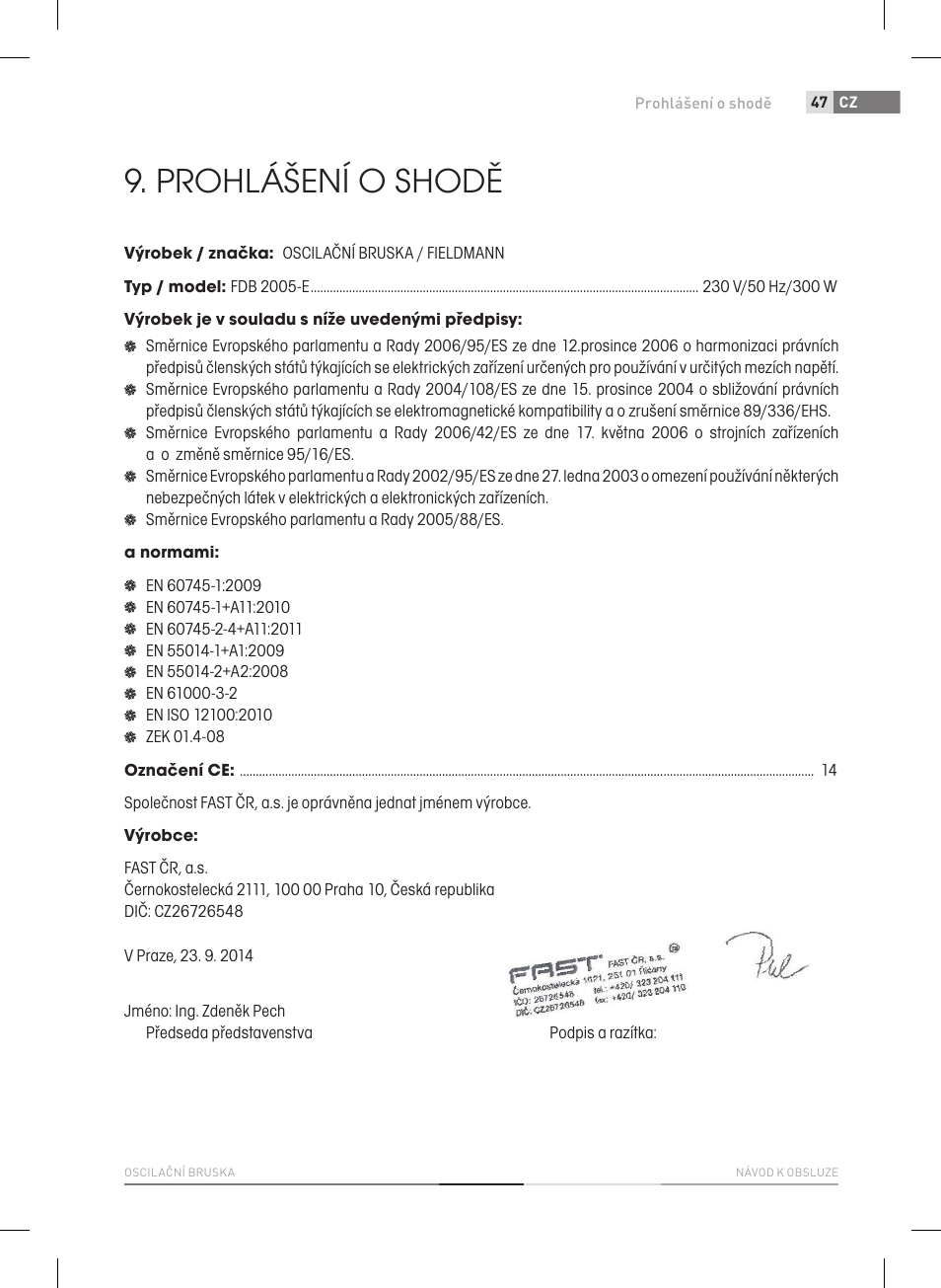 Prohlášení o shodě | Fieldmann FDB 2005-E User Manual | Page 47 / 138