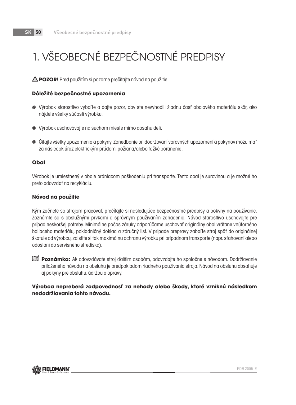 Všeobecné bezpečnostné predpisy | Fieldmann FDB 2005-E User Manual | Page 50 / 138
