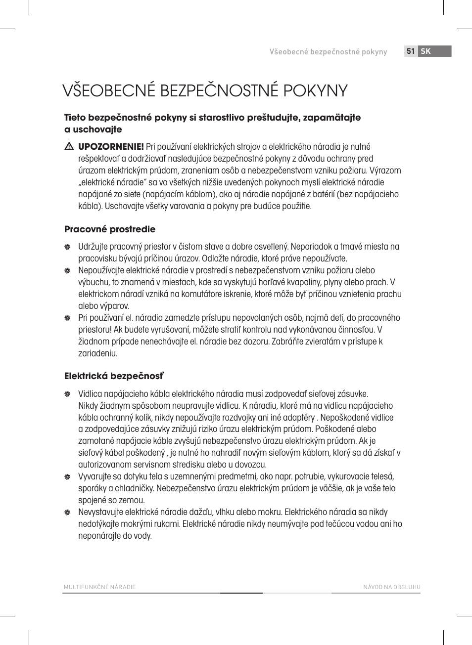 Všeobecné bezpečnostné pokyny | Fieldmann FDB 2005-E User Manual | Page 51 / 138