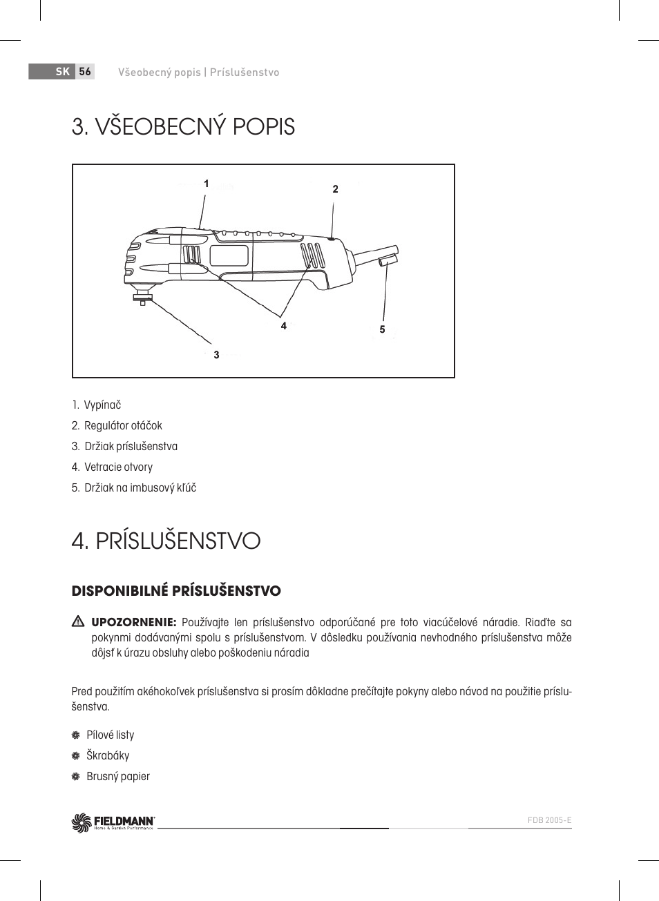 Všeobecný popis, Príslušenstvo | Fieldmann FDB 2005-E User Manual | Page 56 / 138