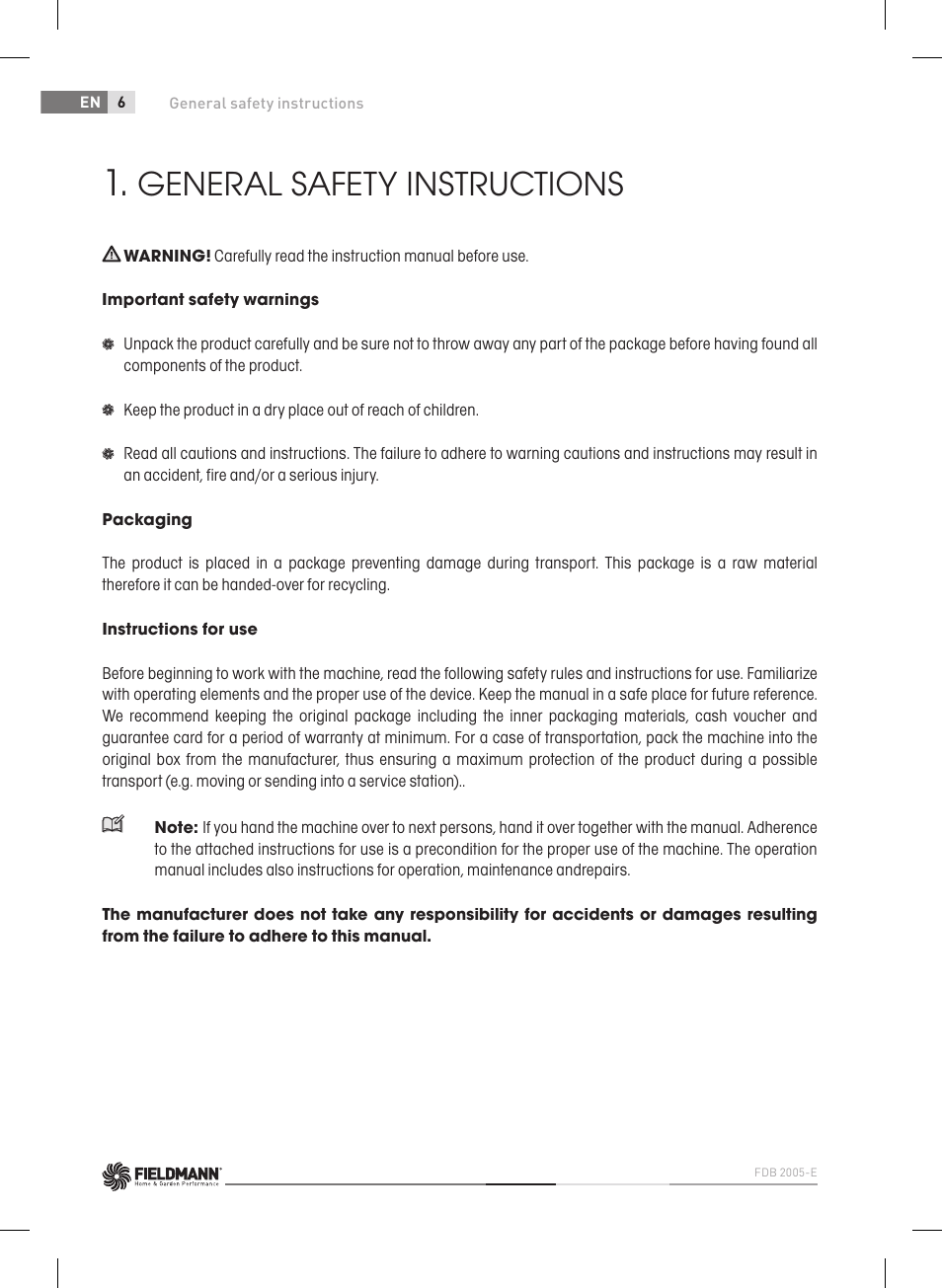 General safety instructions | Fieldmann FDB 2005-E User Manual | Page 6 / 138