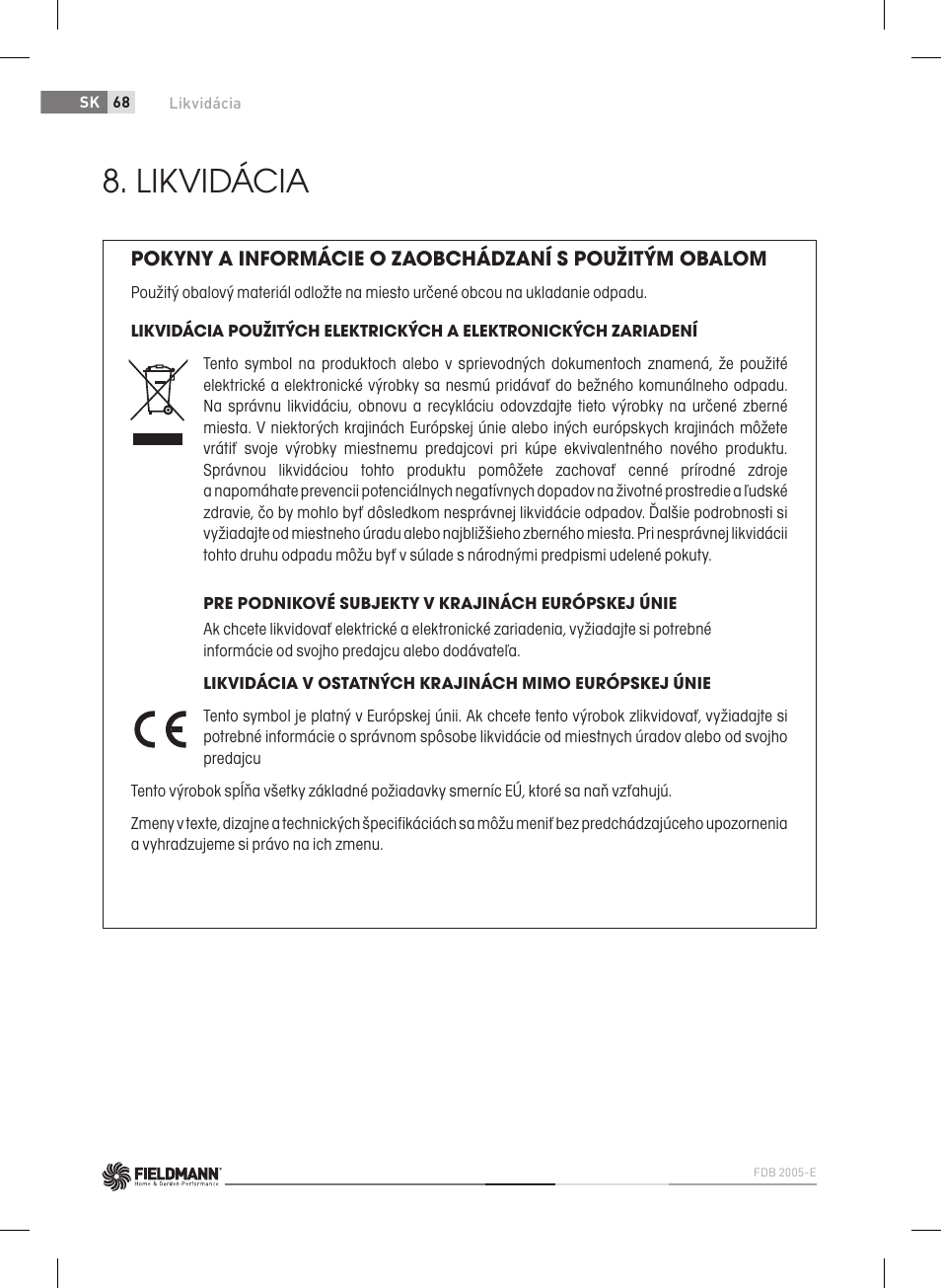 Likvidácia | Fieldmann FDB 2005-E User Manual | Page 68 / 138