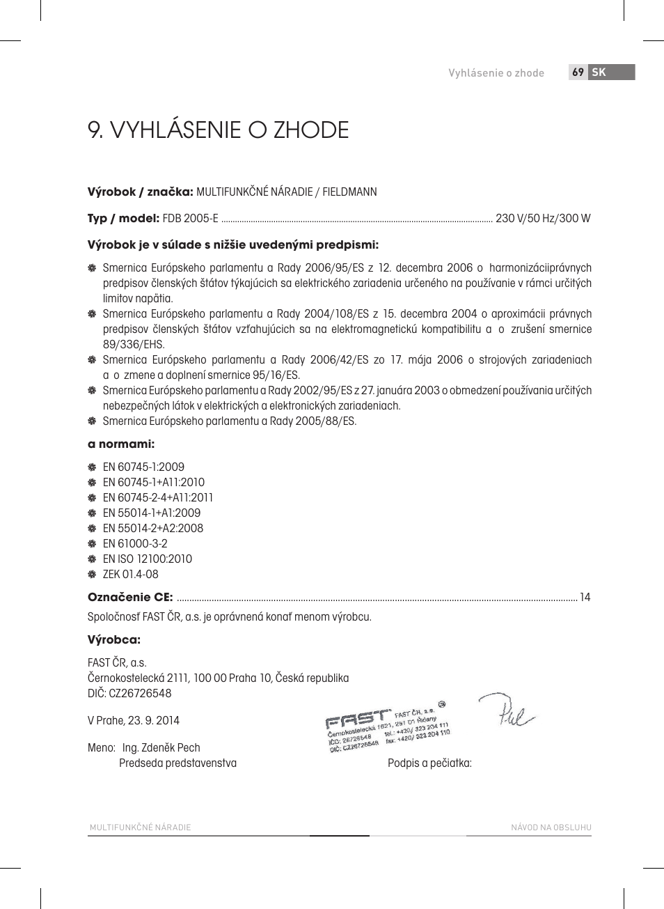 Vyhlásenie o zhode | Fieldmann FDB 2005-E User Manual | Page 69 / 138