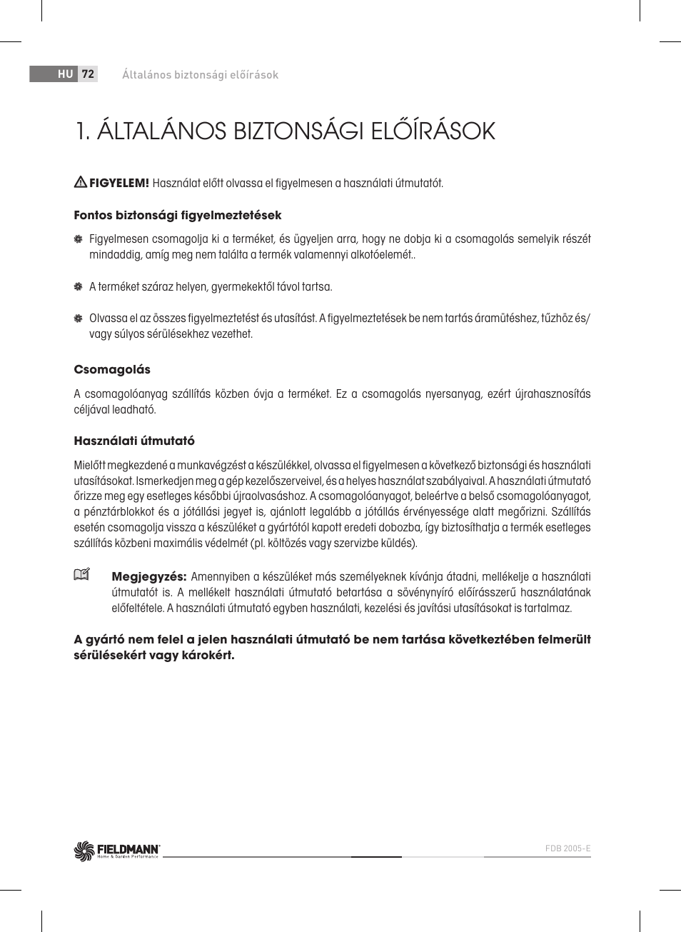 Általános biztonsági előírások | Fieldmann FDB 2005-E User Manual | Page 72 / 138