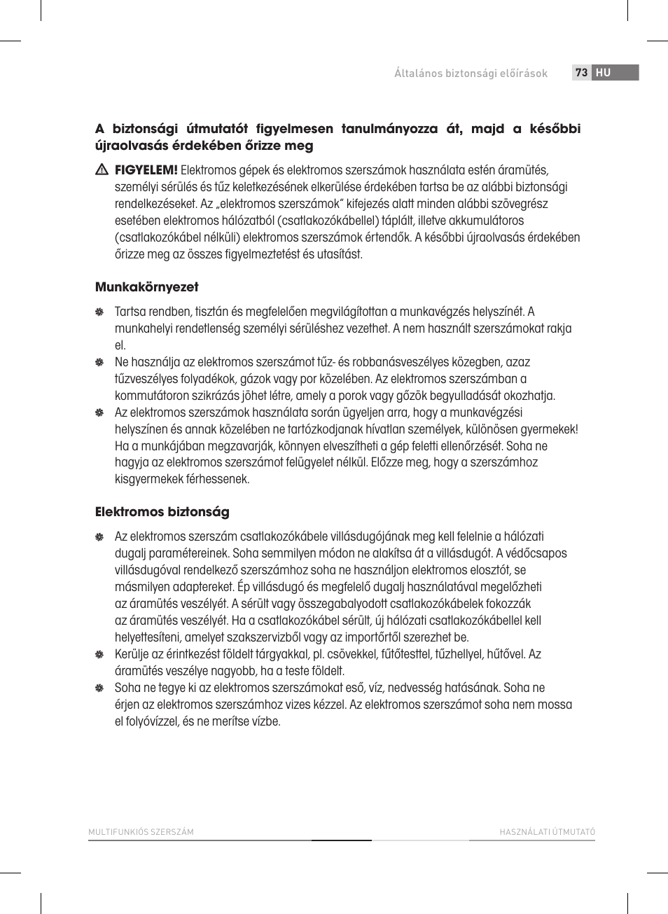Általános biztonsági előírások | Fieldmann FDB 2005-E User Manual | Page 73 / 138