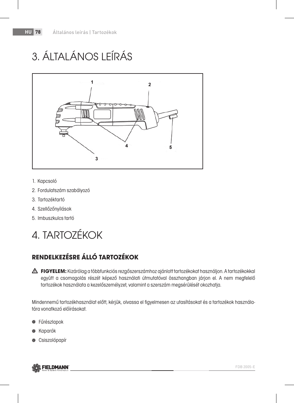 Általános leírás, Tartozékok | Fieldmann FDB 2005-E User Manual | Page 78 / 138