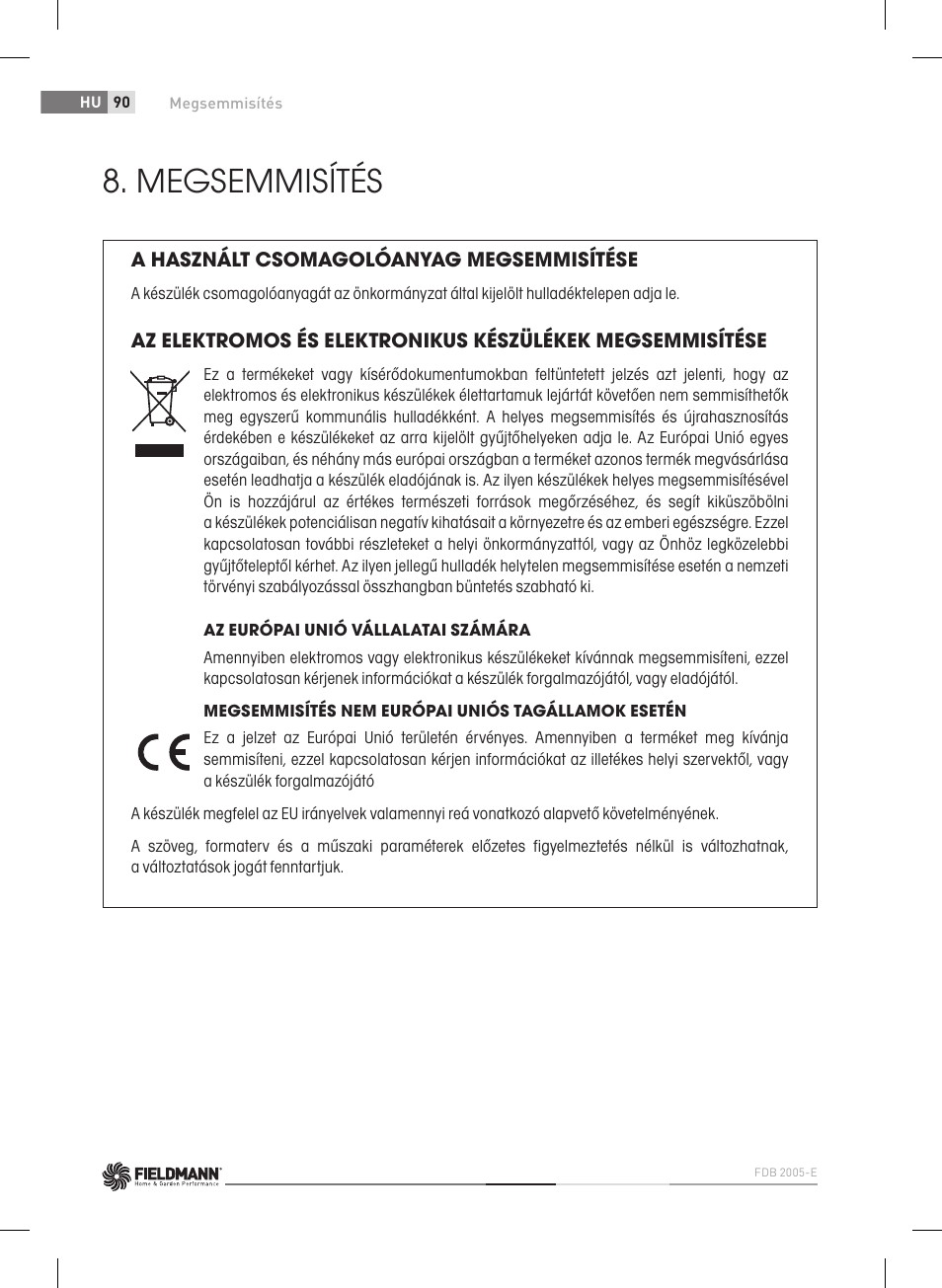 Megsemmisítés | Fieldmann FDB 2005-E User Manual | Page 90 / 138