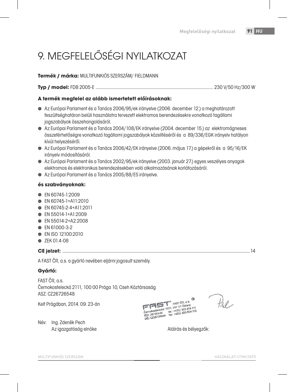 Megfelelőségi nyilatkozat | Fieldmann FDB 2005-E User Manual | Page 91 / 138