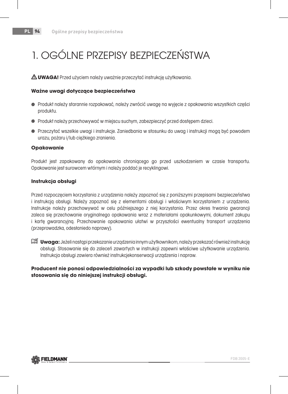 Ogólne przepisy bezpieczeństwa | Fieldmann FDB 2005-E User Manual | Page 94 / 138