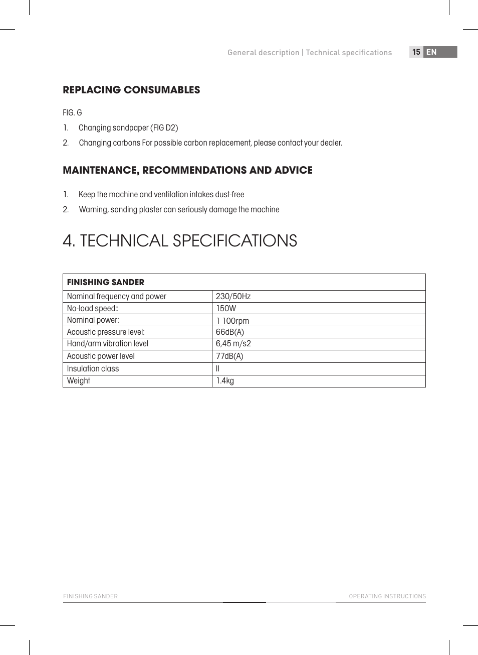 Technical specifications, Replacing consumables, Maintenance, recommendations and advice | Fieldmann FDB 2004-E User Manual | Page 15 / 82