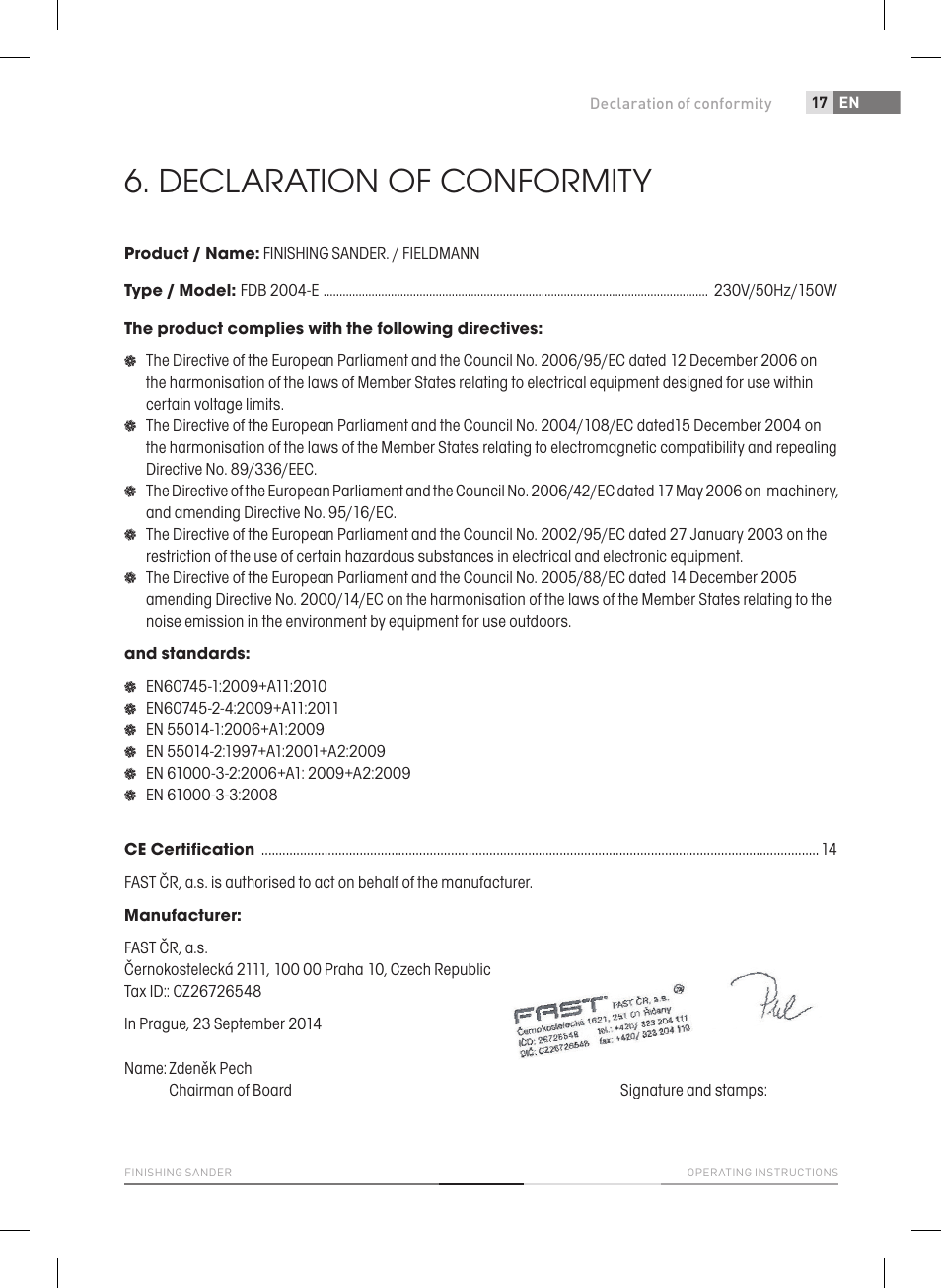 Declaration of conformity | Fieldmann FDB 2004-E User Manual | Page 17 / 82
