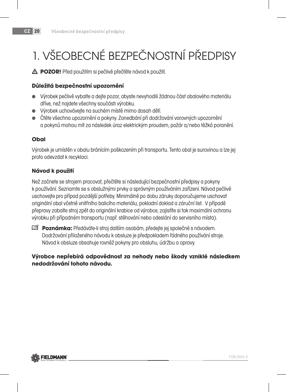 Všeobecné bezpečnostní předpisy | Fieldmann FDB 2004-E User Manual | Page 20 / 82