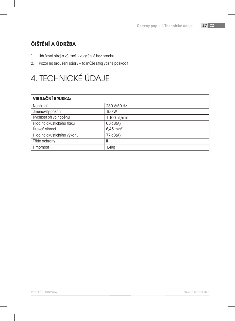 Technické údaje, Čištění a údržba | Fieldmann FDB 2004-E User Manual | Page 27 / 82