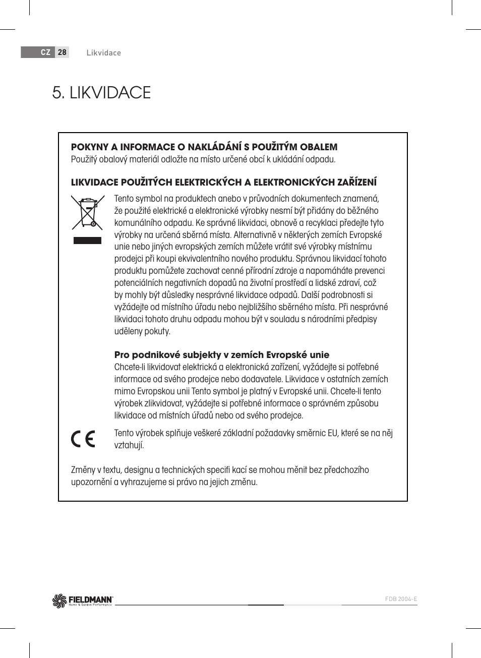 Likvidace | Fieldmann FDB 2004-E User Manual | Page 28 / 82