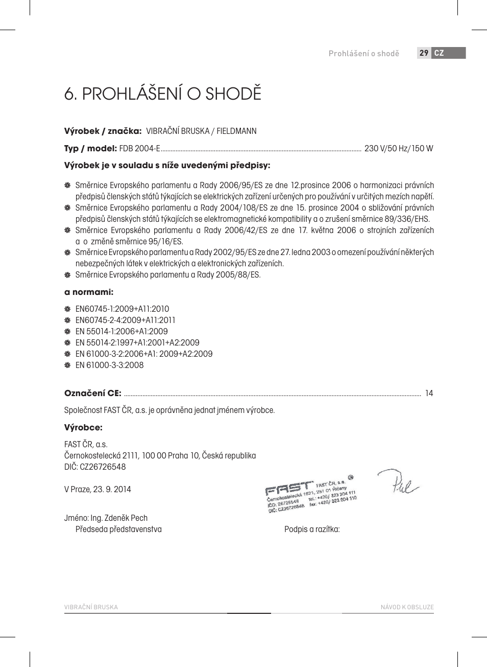Prohlášení o shodě | Fieldmann FDB 2004-E User Manual | Page 29 / 82